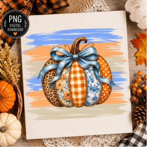 Paquete de imágenes PNG de calabazas con estampados variados, diseño de sublimación de otoño con lazo azul, 2 archivos digitales