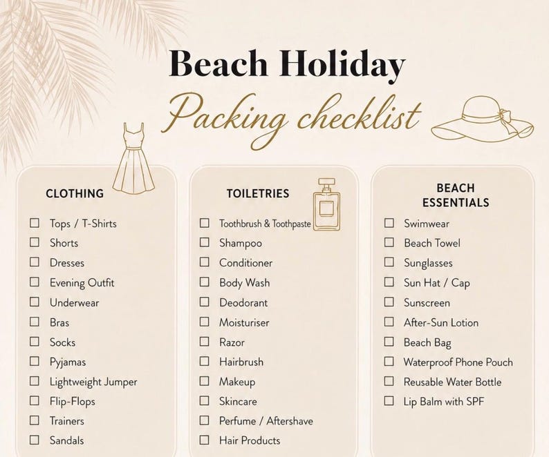 Packing List Layout.pdf Beach Holiday Packing Checklist Printable | Travel Packing List | A4 ...