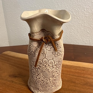 Vintage Ceramic Sack Vase Textured Floral Burlap-look Finish