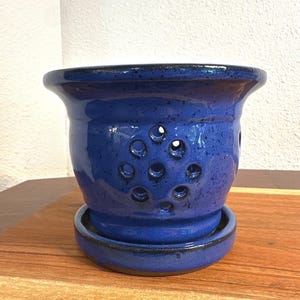 Blue Glazed Ceramic Orchid Pot | Planter | Vintage