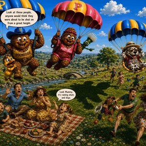Può includere: Un'illustrazione colorata di due figure marroni testurizzate e un cane maculato che si lanciano con il paracadute sopra un picnic in famiglia. Le figure indossano magliette con le scritte POOWEEGIE e POOTUNIA. I fumetti contengono il testo: Look at those people, anyone would think they were about to be shat on from a great height e Look Mummy, it's raining shats and dogs.