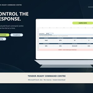 May include: A digital interface for a Tender-Ready Command Centre displayed on a screen, featuring a structured Excel spreadsheet with bid decision metrics, compliance data, and pricing fields. The layout includes buttons for bid decision, compliance, and pricing.