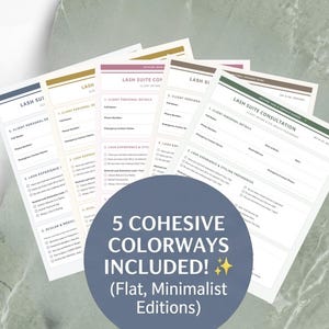 May include: A set of five lash suite consultation forms in different colorways, featuring sections for lash and eye history, patch test protocols, lash health mapping, procedure consent, and aftercare guides, with text detailing each form's purpose.