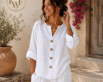 V-Neck Cotton 100% Linen Button Up Blouse for Women – Relaxed Summer Tunic