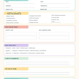 May include: A My Therapy Day communication sheet for speech and occupational therapy. The form includes sections for child, therapist, date, session time, therapy type, activities, skills targeted, daily participation, wins, and home practice notes.