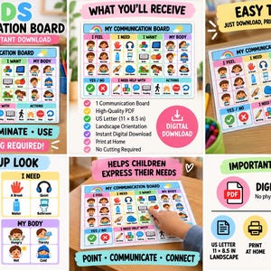 Puede incluir: Un tablero de comunicación imprimible para niños con una cuadrícula de iconos coloridos clasificados por I Feel, I Need, I Want, My Body, Yes/No y Actions. El documento digital tiene un formato horizontal de 27,9 por 21,6 cm de tamaño.