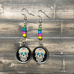 Sugar Skull Day of Dead Dangle Bead Earrings | Stocking Stuffer | Halloween | Gift | Easter Basket