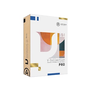 Puede incluir: Una caja de software rectangular para Arturia V Collection 11 Pro. El frente blanco presenta una gran letra V estilizada, el número 11 y formas abstractas en naranja, rosa y azul oscuro. El panel lateral es beige con texto y logos negros.