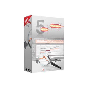 May include: A software product box featuring a large number 5, a digital audio workstation interface with waveform displays, and a magnifying glass focused on a specific audio segment. A red sale banner is visible on the top left corner of the box.