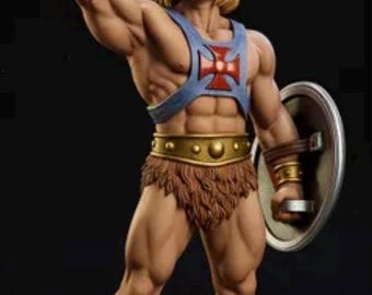 May include: A muscular action figure with blonde hair, wearing a blue chest harness with a red cross emblem, a gold belt, and brown fur-textured loincloth and boot covers. The figure holds a silver sword raised high and a round silver shield.