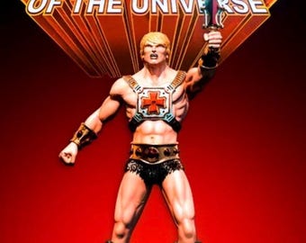 May include: A Masters of the Universe action figure with blonde hair, wearing a silver chest harness with a red cross, black loincloth, and brown boots. The figure holds a silver sword aloft against a red background with the franchise logo.