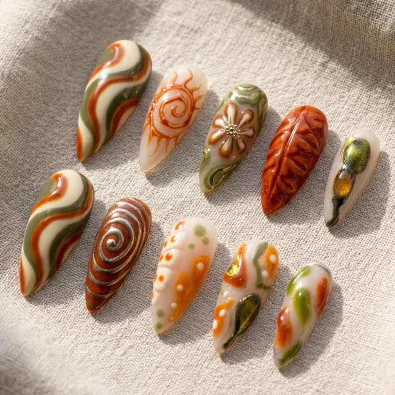 Retro Olive Green Press on Nails, Terracotta Swirl 3D Flower Nail Art ...