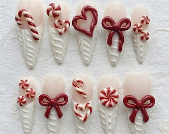 Christmas Candy Cane Press On Nails, 3D Gel French Tip Medium Almond Nails