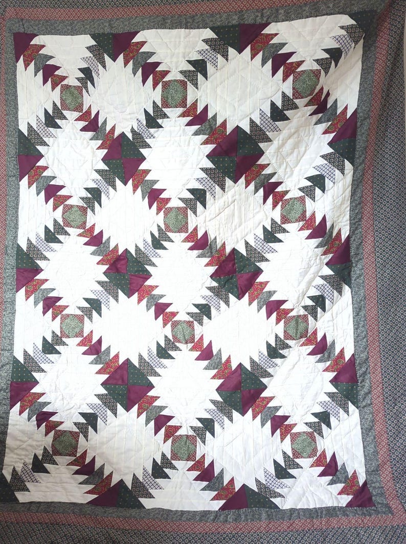 Vintage Pineapple Pattern Patchwork Quilt Cream Burgundy Green 87 x 70 bild 6