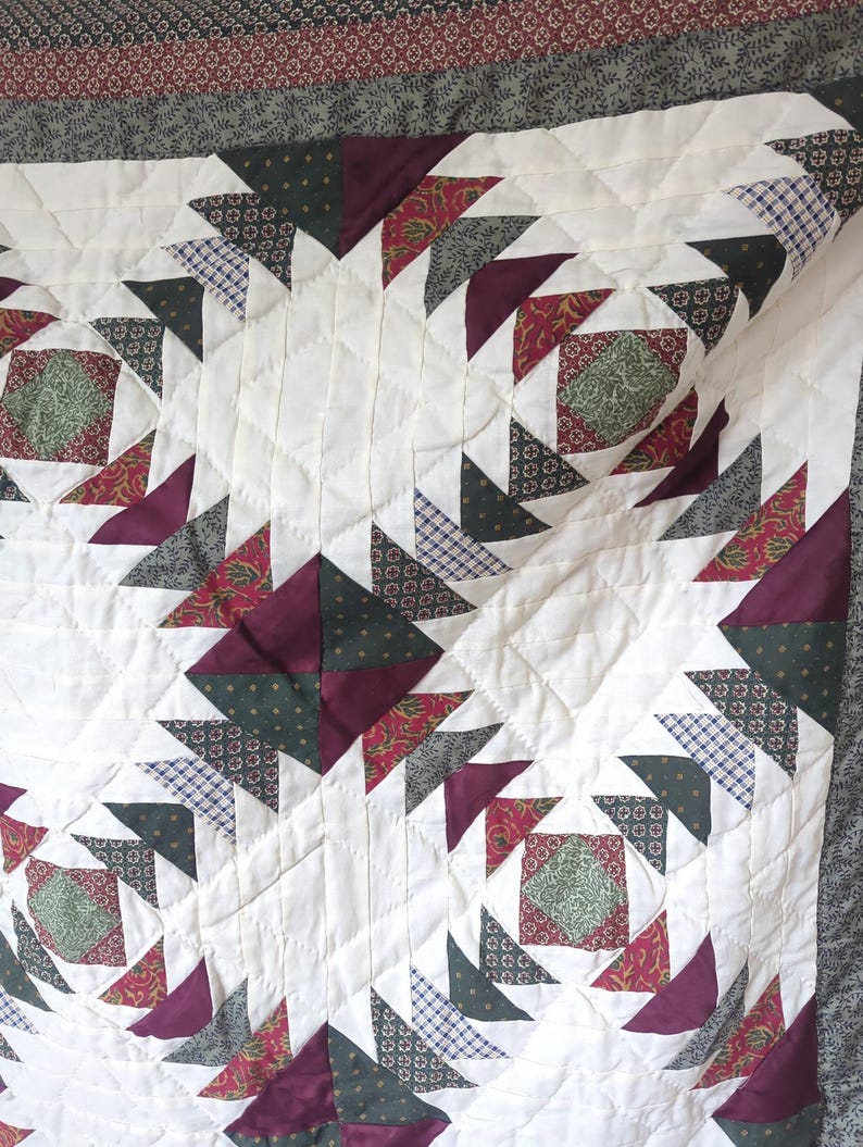 Vintage Pineapple Pattern Patchwork Quilt Cream Burgundy Green 87 x 70 bild 8