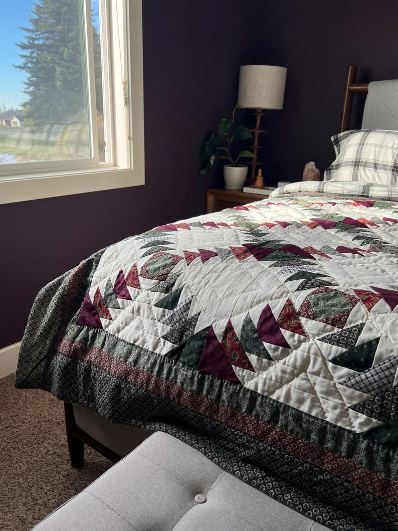 Vintage Pineapple Pattern Patchwork Quilt Cream Burgundy Green 87 x 70 bild 3