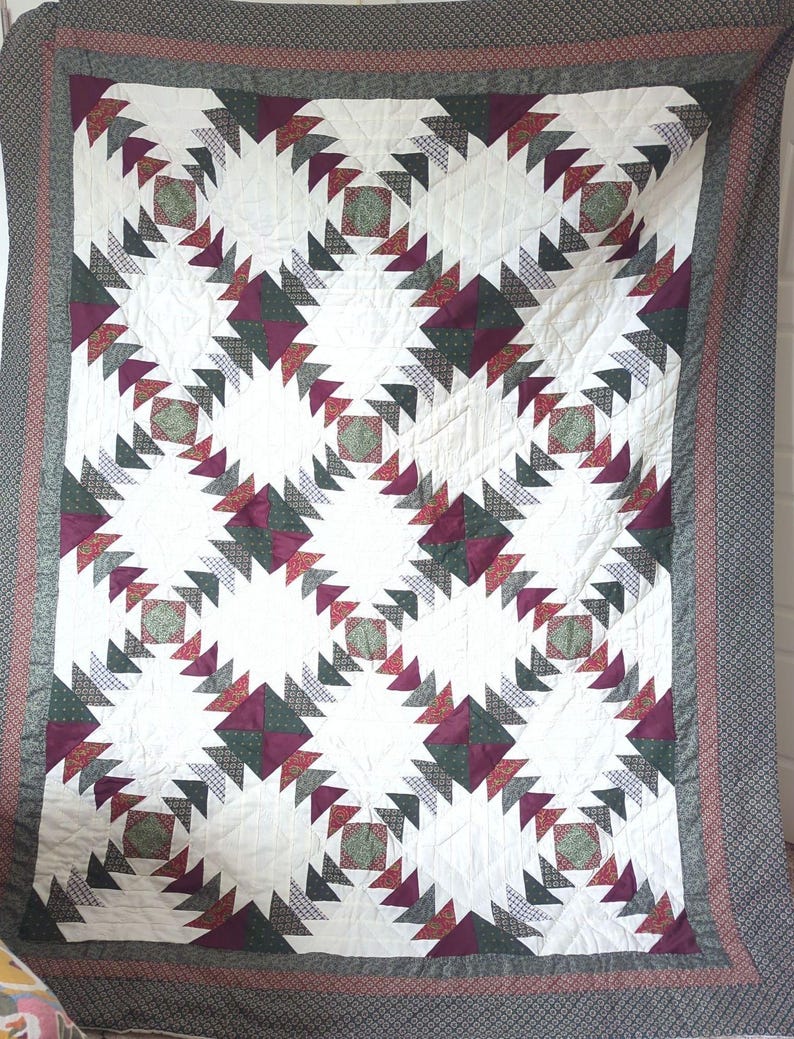 Vintage Pineapple Pattern Patchwork Quilt Cream Burgundy Green 87 x 70 bild 7