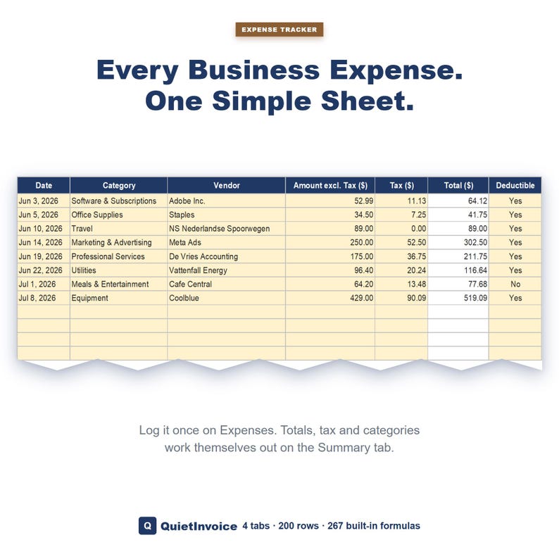 Business Expense Tracker Spreadsheet, Excel & Google Sheets Accounting Template, Auto-Calculating, Tax Deductible Log image 1