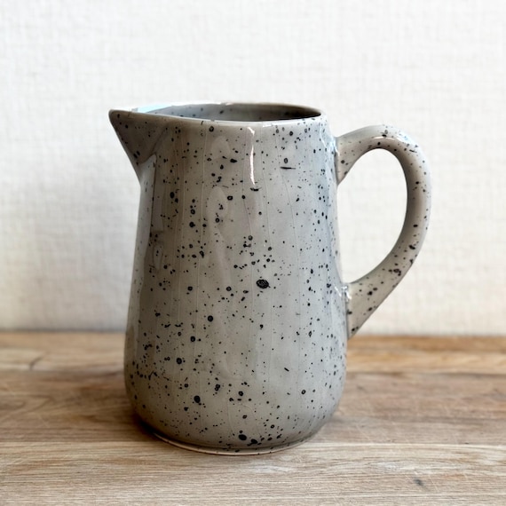 Vintage Pitcher Speckled Glaze Gray and Black MCM Design  Handle Spouted Vase Sculptural Vase Pottery for Decor or Floral Arranging MCM
