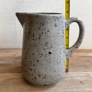 May include: A speckled gray ceramic pitcher with a handle and spout. The pitcher is approximately 8 inches tall. The surface is covered in small black speckles. The pitcher is on a wooden surface.