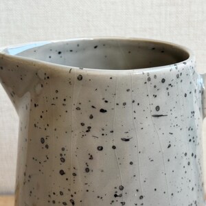 May include: A speckled ceramic pitcher with a spout and handle. The pitcher is a light gray color with small black speckles throughout. The handle is curved and the spout is angled for easy pouring. A handmade kitchenware item.