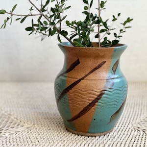 Vintage Vase Handmade Clay Pottery Studio Art Saltglaze Brown and Teal Art Vase Shelfie Earthenware Boho Home Decor Rustic Decorative Pot