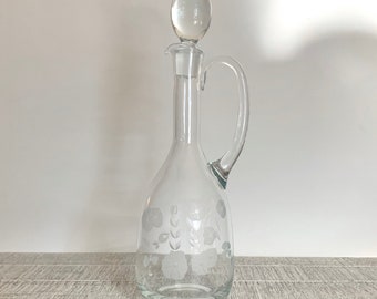 Vintage Glass Decanter with Stopper Vase Etched Flower Pattern Vase Home Decor Shelfie Styling Barware Glass Vase