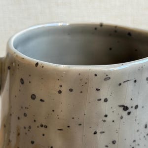 May include: Close-up of a speckled ceramic pitcher with a handle and pouring spout. The pitcher is a light gray color with small, dark brown speckles. The interior is a lighter gray.