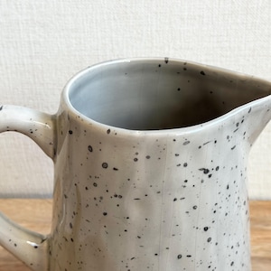 May include: A speckled ceramic pitcher in a neutral color. The pitcher has a curved handle and a spout for pouring. The surface is covered in small, dark speckles, adding a rustic touch. The pitcher is suitable for serving beverages.