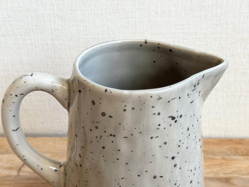May include: A speckled ceramic pitcher in a neutral color. The pitcher has a curved handle and a spout for pouring. The surface is covered in small, dark speckles, adding a rustic touch. The pitcher is suitable for serving beverages.