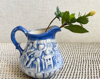 Vintage Blue and White Creamer Cup Tam O’Shanter Pub scene Blue and White Pottery Porcelain Majolica Scottish Poem Horse Rider