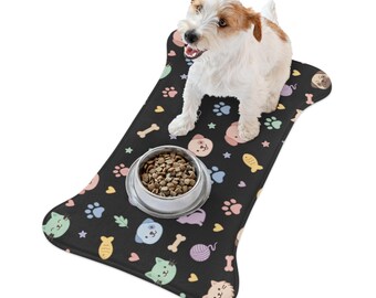 Pastel Pets Pattern Pet Feeding Mat | Dog Cat Paw Bones Fish Toys