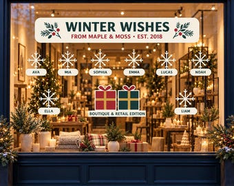 Personalized Winter Wishes Storefront Window Decal, Custom Business Name and Staff Snowflakes, Holiday Glass Display