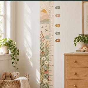 May include: A vertical wall decal growth chart featuring a sun, clouds, birds, and wildflowers in muted tones. The chart includes a scale in inches from 18 to 66, accompanied by six separate arrow-shaped milestone markers with icons.