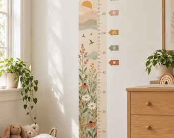 Personalized Growth Chart Wall Decal with Name, Kids Height Ruler Sticker and 6 Milestone Markers, Nursery Playroom Decor