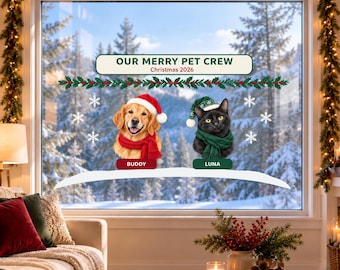 Personalized Pet Portrait Christmas Window Decal, Custom Dog or Cat Photo Holiday Scene, 1 2 or 3 Pet Winter Glass Decor