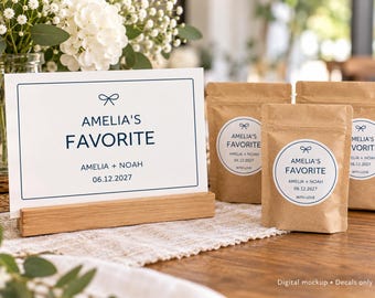 Personalized Wedding Favor Sticker Kit, 200 or 400 Two Favorites Labels, 2 Inch Round, Plus 2 Matching Display Decals