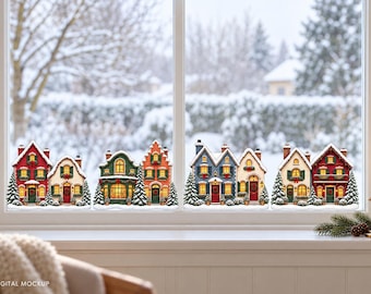 Double Sided Christmas Village Window Decals, 12 Inch Clear Vinyl House Groups