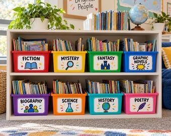 Set met genre-etiketten voor de schoolbibliotheek, gepersonaliseerde stickers voor boekenbakken en -planken voor leerkrachten, 18, 30 of 42 etiketten.