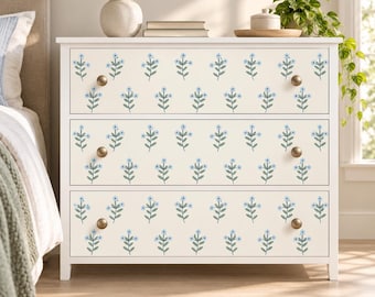 Botanical Drawer Front Decal Panels, Blue Floral Printed Vinyl, 31.5 x 7.9 Inches Each, Set of 3 or 6, Blue Sprig