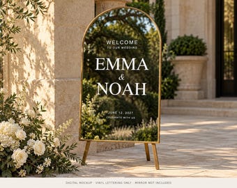 Wedding Mirror Decal, Modern Personalized Welcome Sign, Custom Names and Date, Vinyl Lettering Only