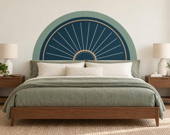 Art Deco Headboard Wall Decal, Navy Sage Fan, Twin Full Queen King, Vinyl or PVC-Free Fabric and HP Wallpaper