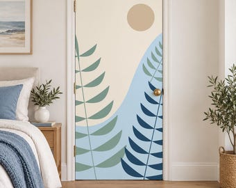 Botanical Door Mural Decal, Sage and Blue Printed Vinyl, One Piece 32x80 Inch Interior Door Panel, Palm Passage