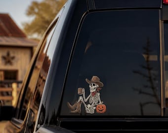 Cowboy Skeleton Halloween Sticker  Western Pumpkin Decal for Truck, Window or Vehicle