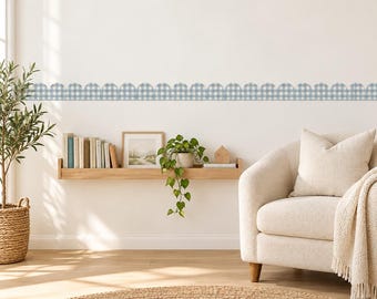 Blue Gingham Scallop Wall Border, PVC-Free Fabric, Four 24x4 Inch Strips, 8 ft