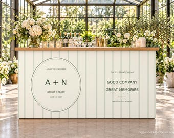 Personalized Wedding Bar Front Wrap, Sage Stripe and Monogram Vinyl Graphic, 48 or 72 x 30 Inches, Decal Only