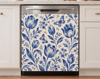 Blue Delft Dishwasher Wrap, Removable Vinyl Appliance Decal, Custom Fit Kitchen Door Cover, Adhesive Sticker Only