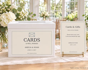 Wedding Card Box Decal Kit, Personalized Cards and Gifts Labels, Ivory Envelope Design, Two Printed Vinyl Panels