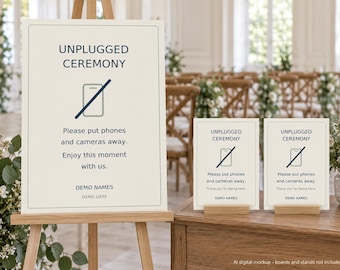 Unplugged Ceremony Decal Set, Personalized Wedding No Phones Sign, One Main Panel and Two 5x7 Reminders, Vinyl Only