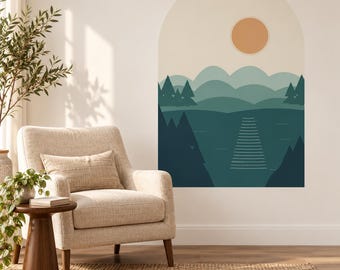 Landscape Arch Wall Decal, Sage Mountain Lake and Pine Forest, One Piece Printed Vinyl, 24x36 or 32x48 Inches, Lake Light